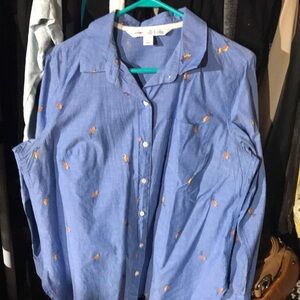 Blue Button-Up Shirt with Orange Accents